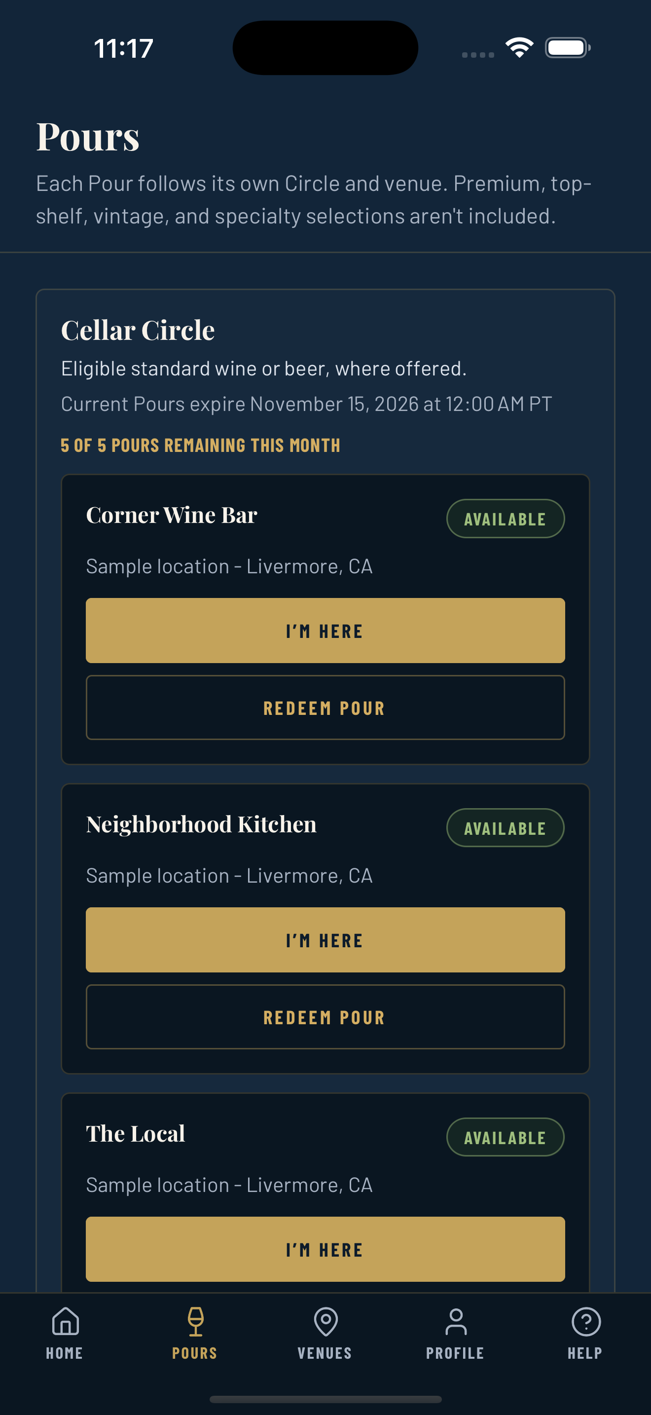 DPC app listing available Pours at sample monthly venues