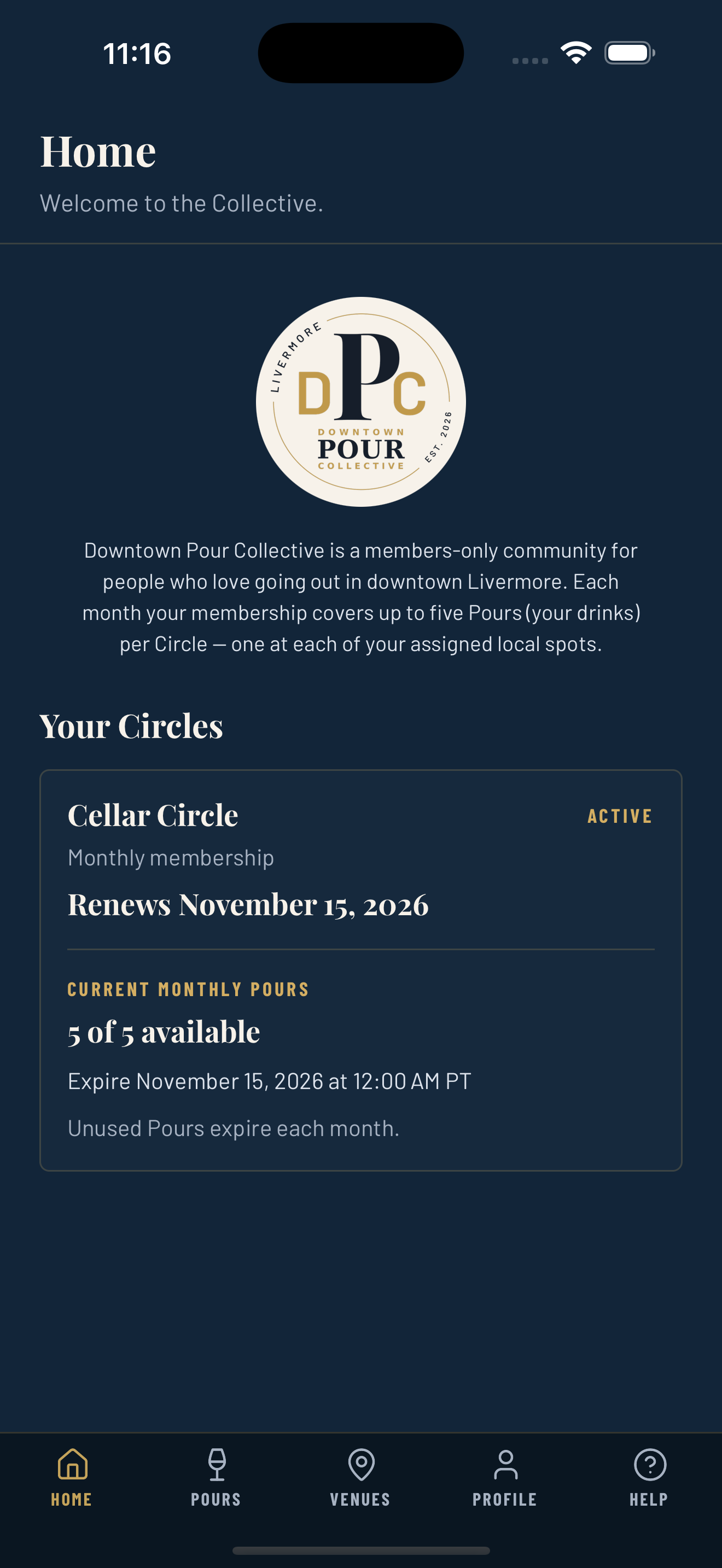 DPC app showing an active Cellar Circle membership and five available Pours