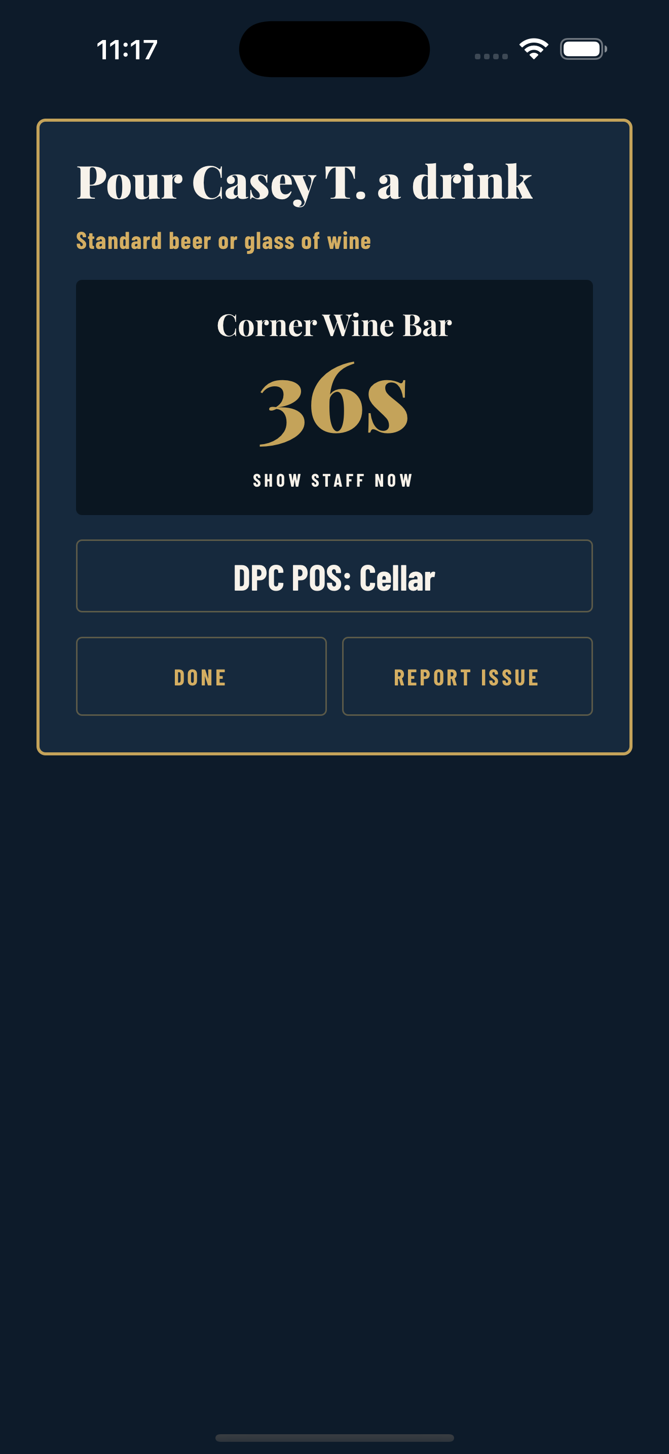 Example DPC confirmation showing a sample member, venue, eligible drink and countdown